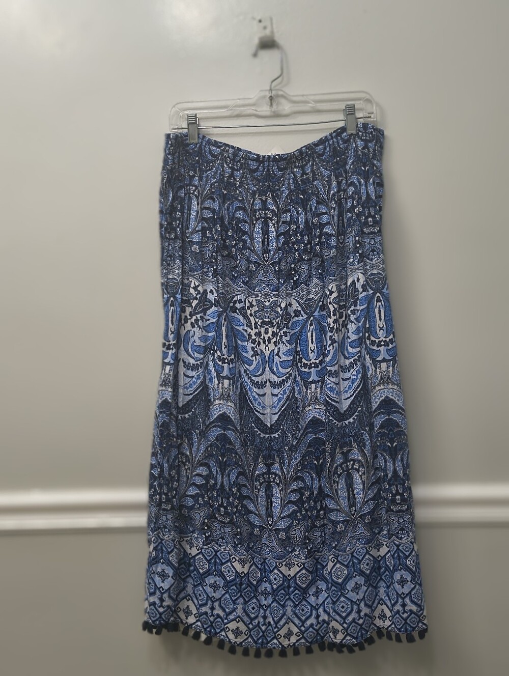J. Jill Blue Floral Patterned Maxi/Midi Skirt with Tassels Hem  L Peasant Boho